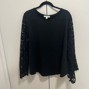 Black top with sheer lace, bell sleeves